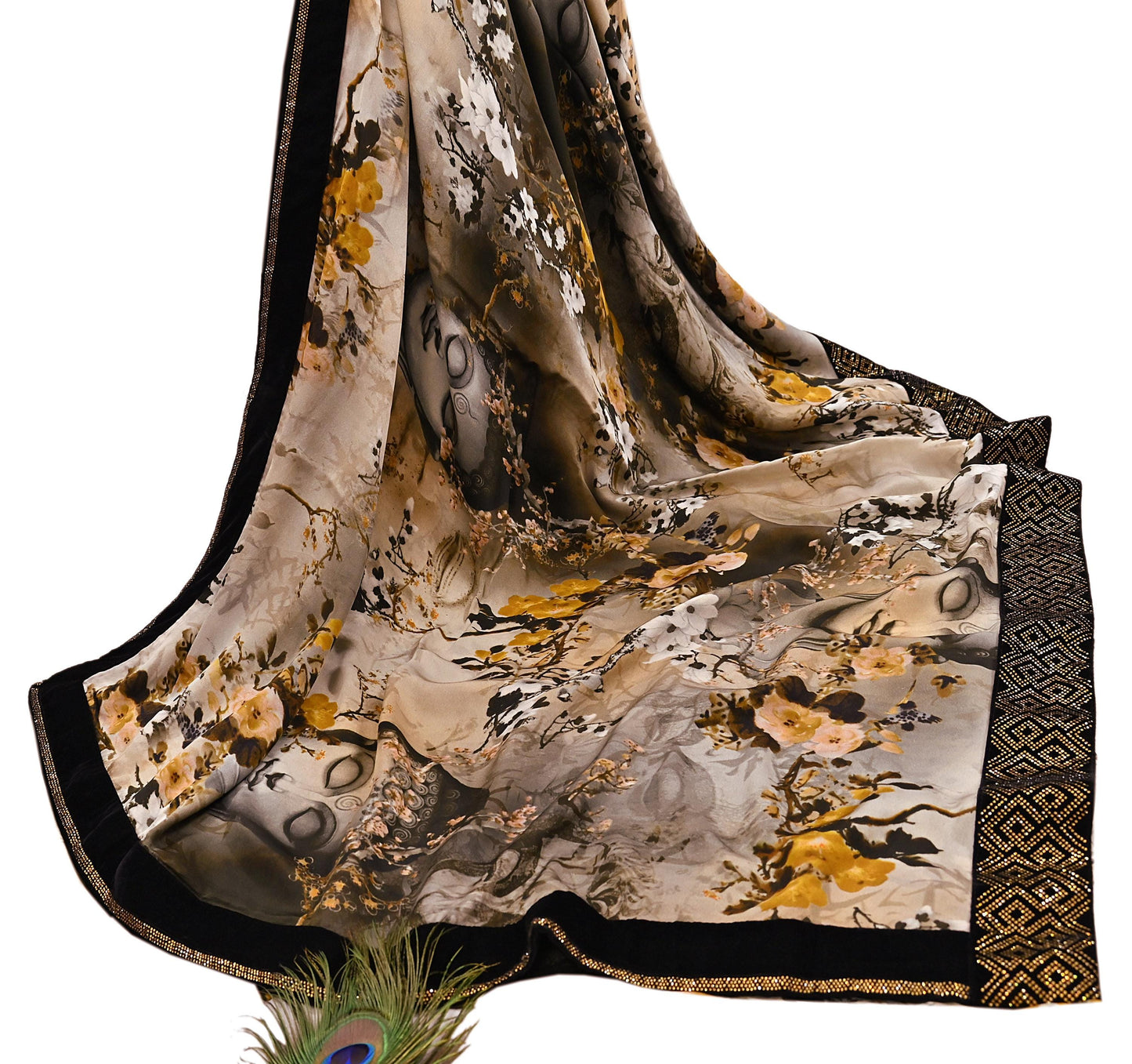 Rare Vintage Gray Pure Satin Silk Saree digital Printed Fabric 5.5 Yards Sari Bollywood Party Wear Ethnic Designer Saree