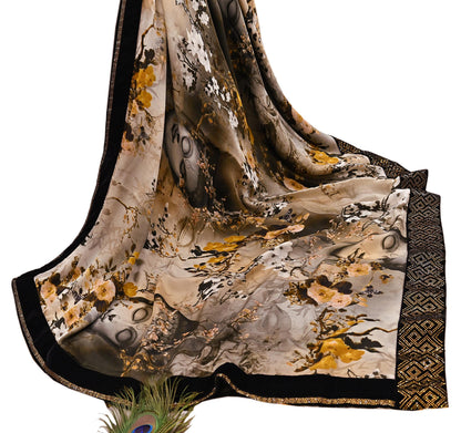 Rare Vintage Gray Pure Satin Silk Saree digital Printed Fabric 5.5 Yards Sari Bollywood Party Wear Ethnic Designer Saree