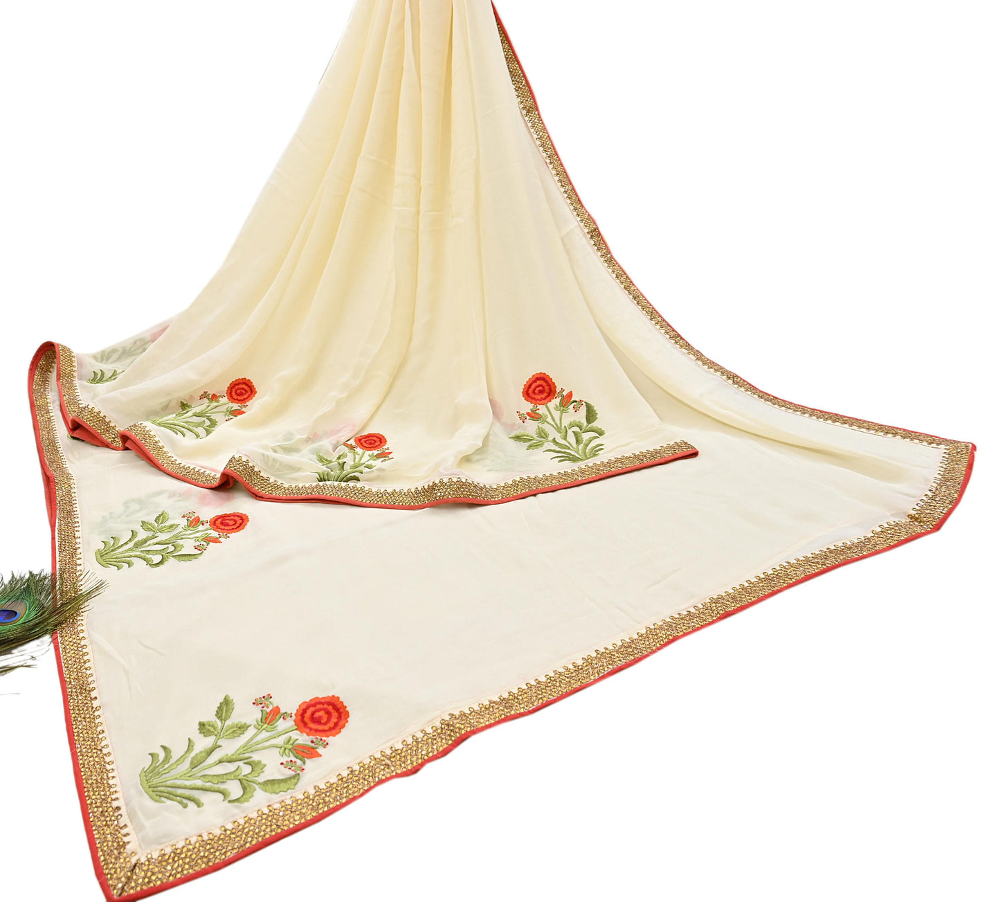 Indian Rare Vintage Zardozi Sarees Ivory Blend Georgette Hand Embroidered Sari Fabric 5.5 Yards Sewing Ethnic saree