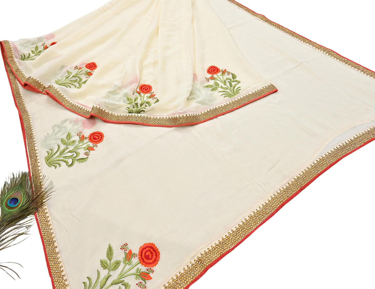 Indian Rare Vintage Zardozi Sarees Ivory Blend Georgette Hand Embroidered Sari Fabric 5.5 Yards Sewing Ethnic saree