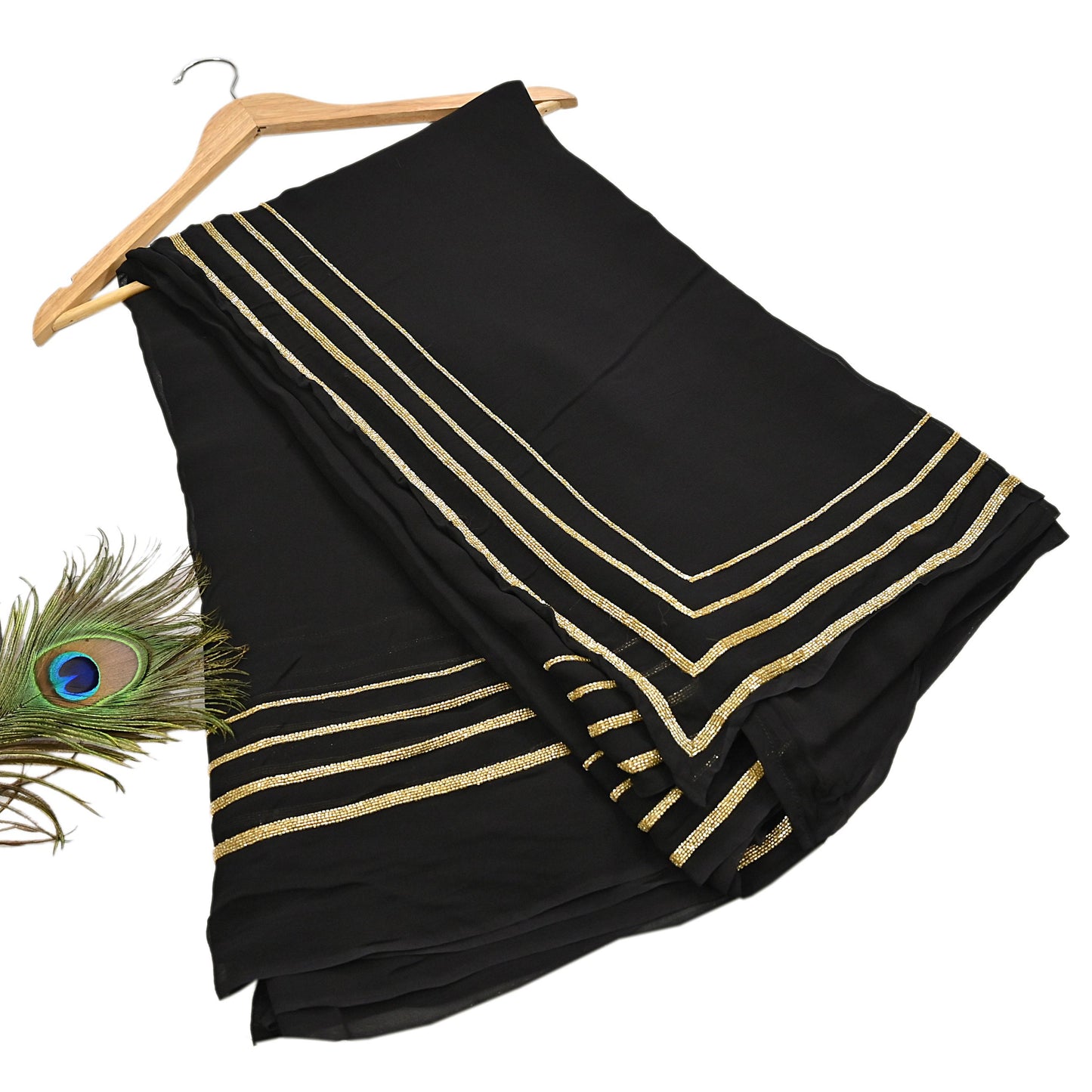 Indian Rare Vintage Black Sarees Blend Georgette Hand Embroidered Sari Fabric 5.5 Yards Sewing Ethnic