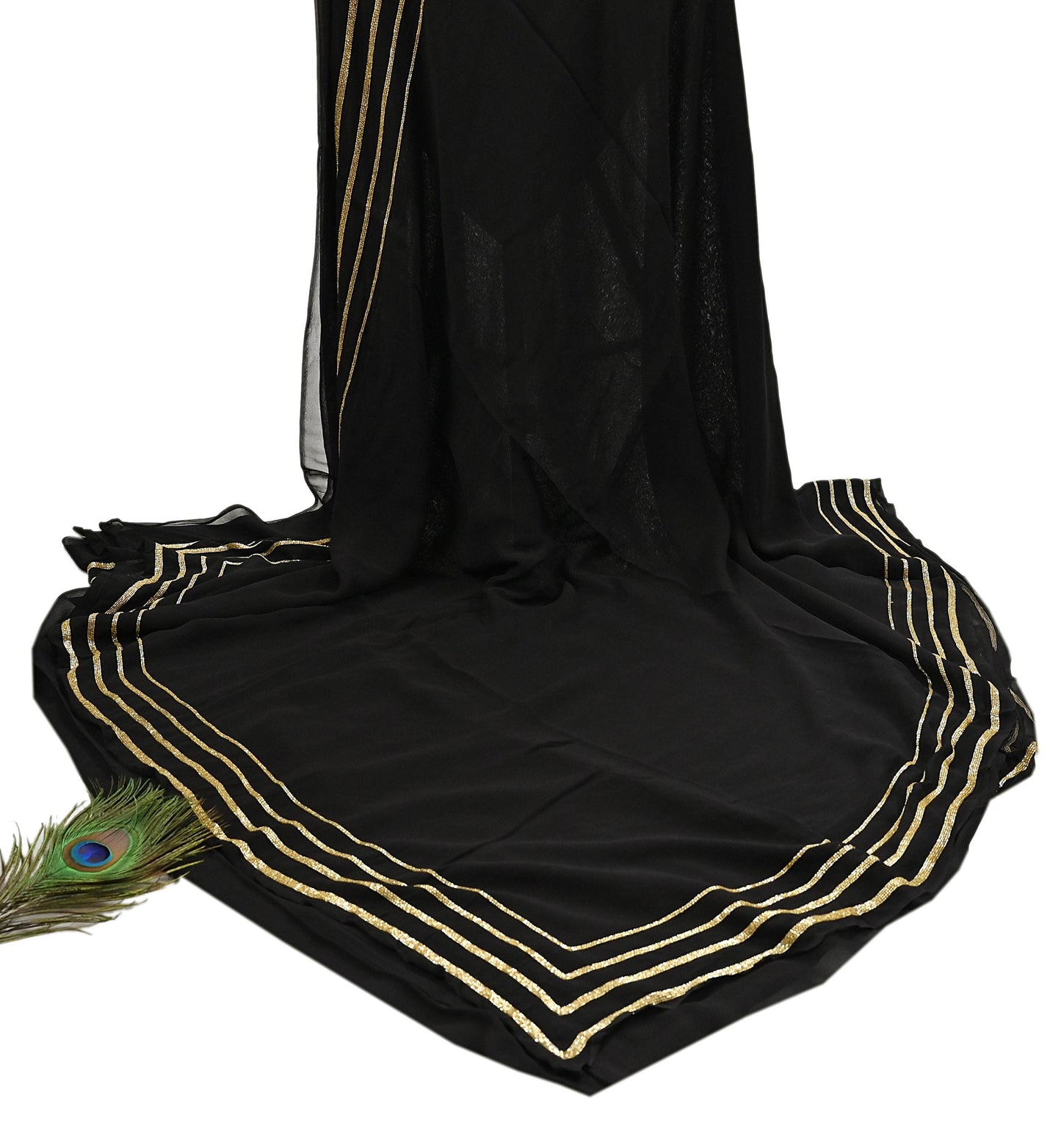 Indian Rare Vintage Black Sarees Blend Georgette Hand Embroidered Sari Fabric 5.5 Yards Sewing Ethnic