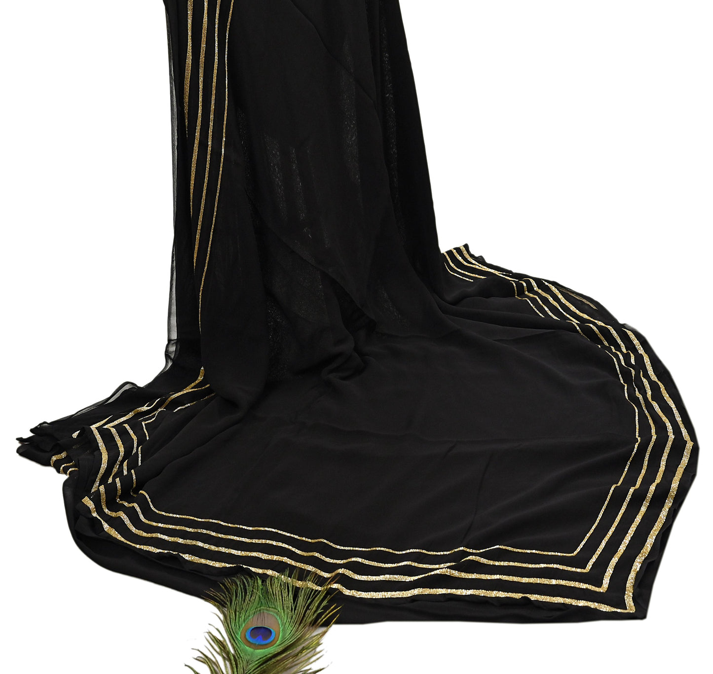 Indian Rare Vintage Black Sarees Blend Georgette Hand Embroidered Sari Fabric 5.5 Yards Sewing Ethnic