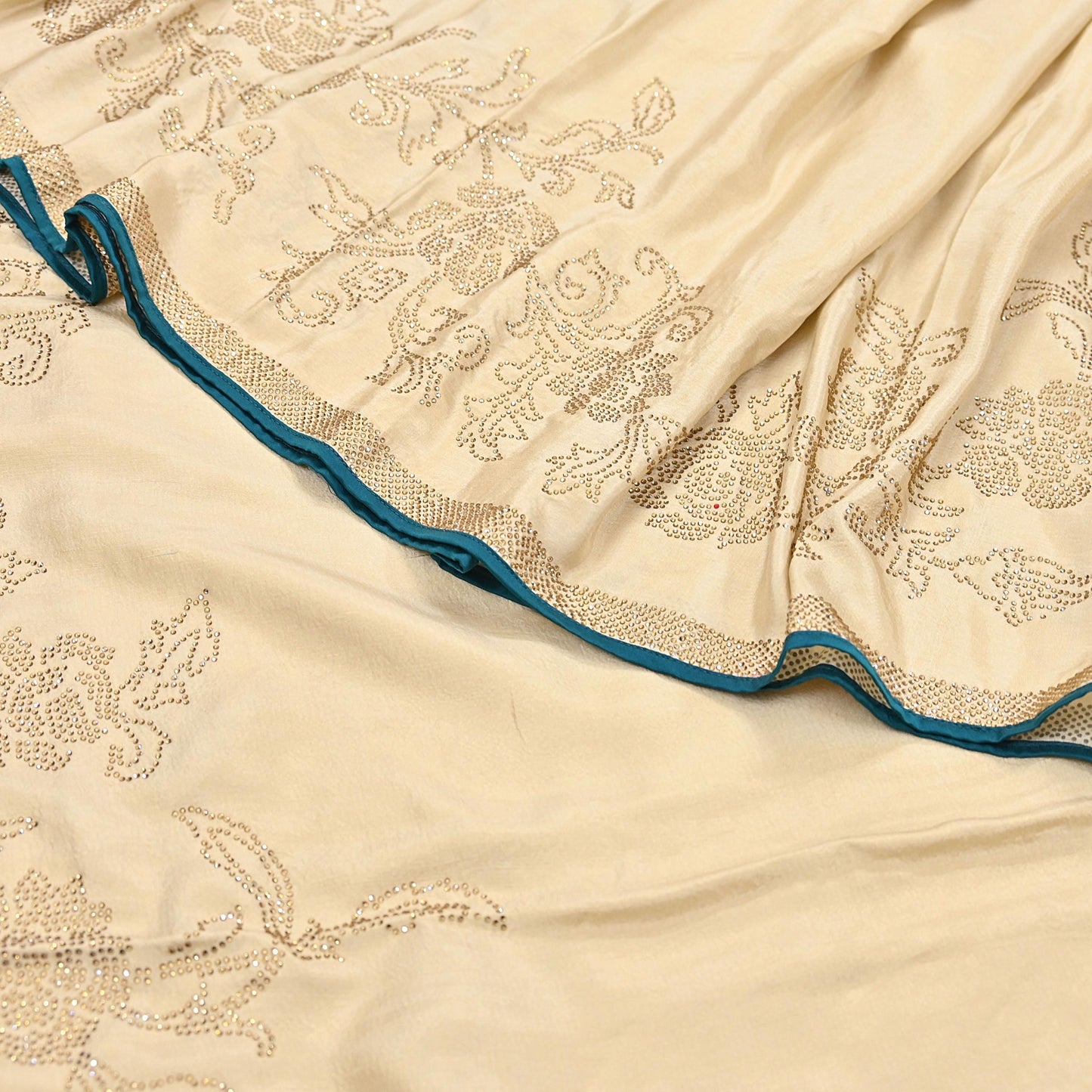 Rare Vintage Golden Beige Pure Silk Saree Hand Embroidered Fabric 5.5 Yards Sari Bollywood Party Wear Ethnic Designer Saree