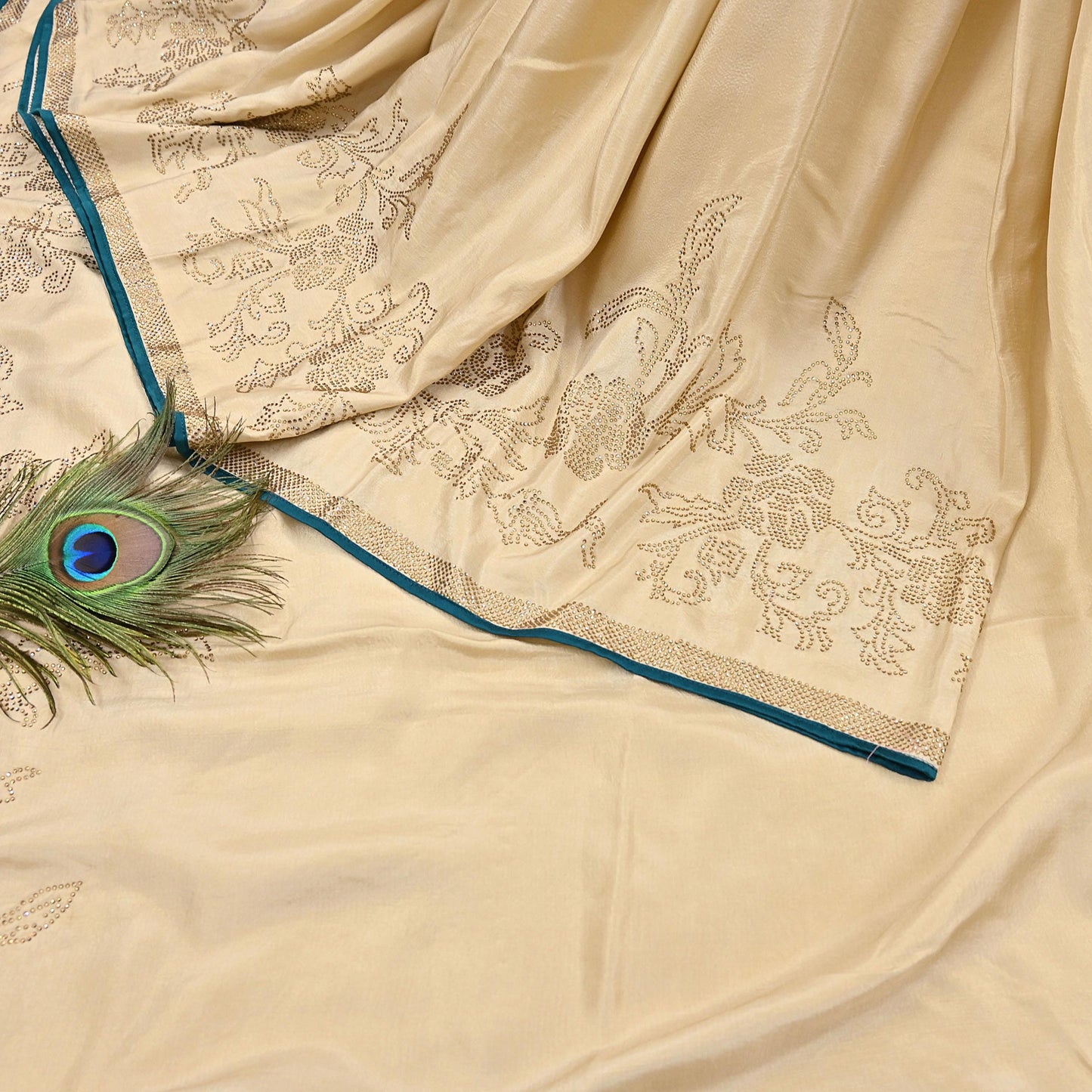 Rare Vintage Golden Beige Pure Silk Saree Hand Embroidered Fabric 5.5 Yards Sari Bollywood Party Wear Ethnic Designer Saree