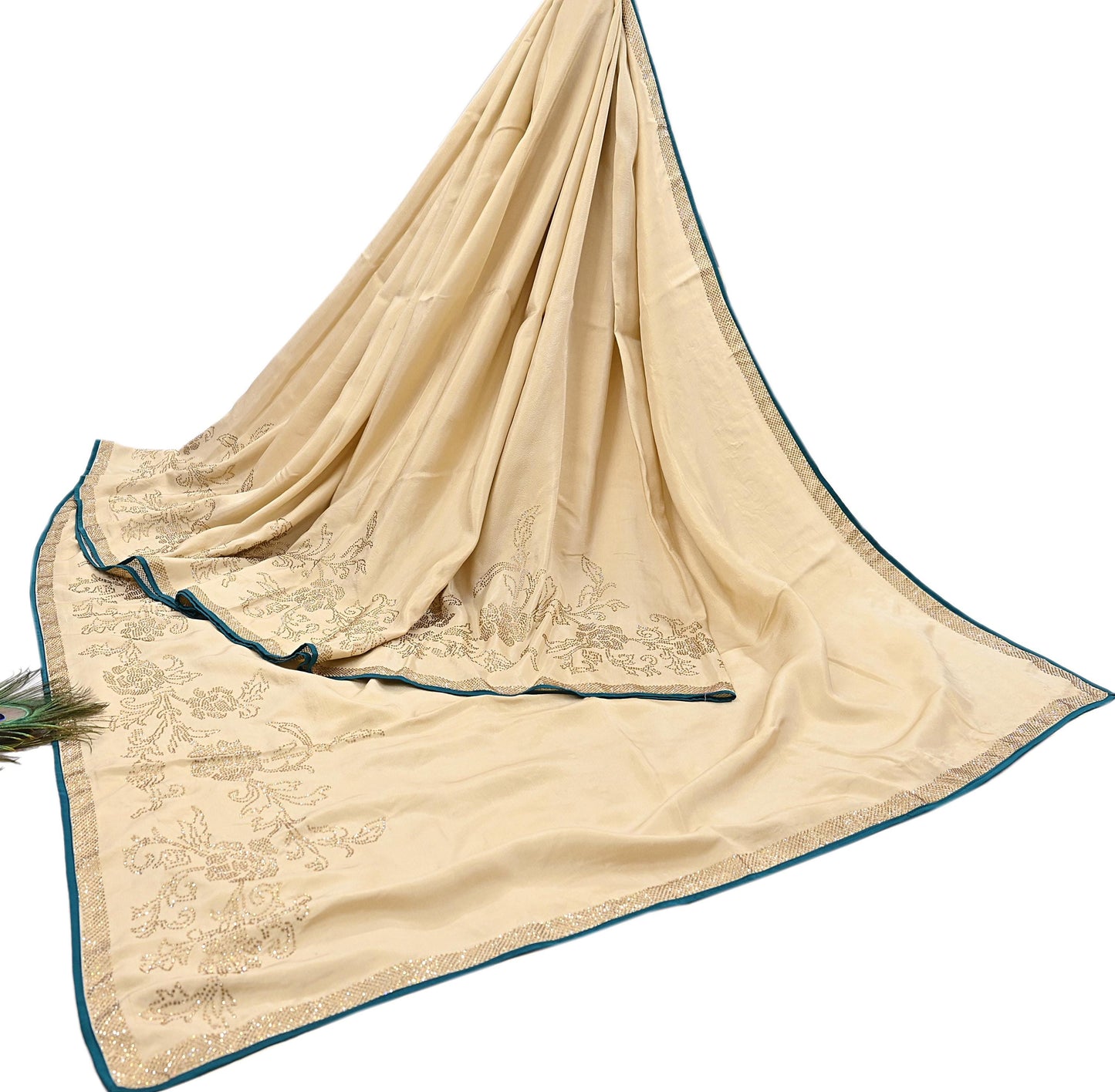 Rare Vintage Golden Beige Pure Silk Saree Hand Embroidered Fabric 5.5 Yards Sari Bollywood Party Wear Ethnic Designer Saree
