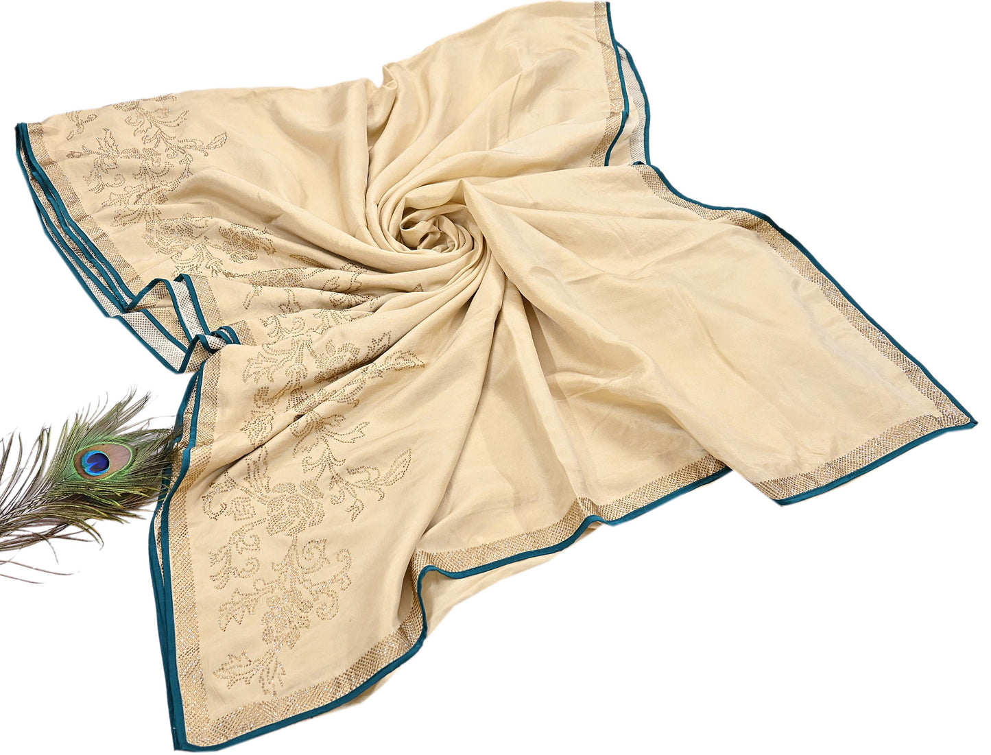 Rare Vintage Golden Beige Pure Silk Saree Hand Embroidered Fabric 5.5 Yards Sari Bollywood Party Wear Ethnic Designer Saree