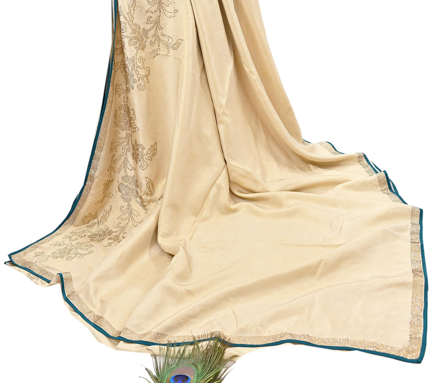 Rare Vintage Golden Beige Pure Silk Saree Hand Embroidered Fabric 5.5 Yards Sari Bollywood Party Wear Ethnic Designer Saree