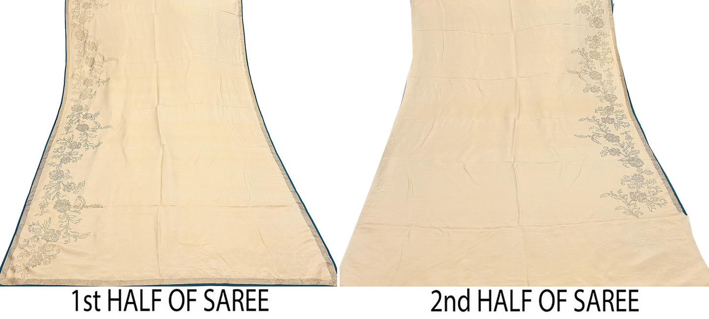 Rare Vintage Golden Beige Pure Silk Saree Hand Embroidered Fabric 5.5 Yards Sari Bollywood Party Wear Ethnic Designer Saree