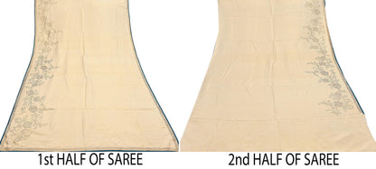 Rare Vintage Golden Beige Pure Silk Saree Hand Embroidered Fabric 5.5 Yards Sari Bollywood Party Wear Ethnic Designer Saree