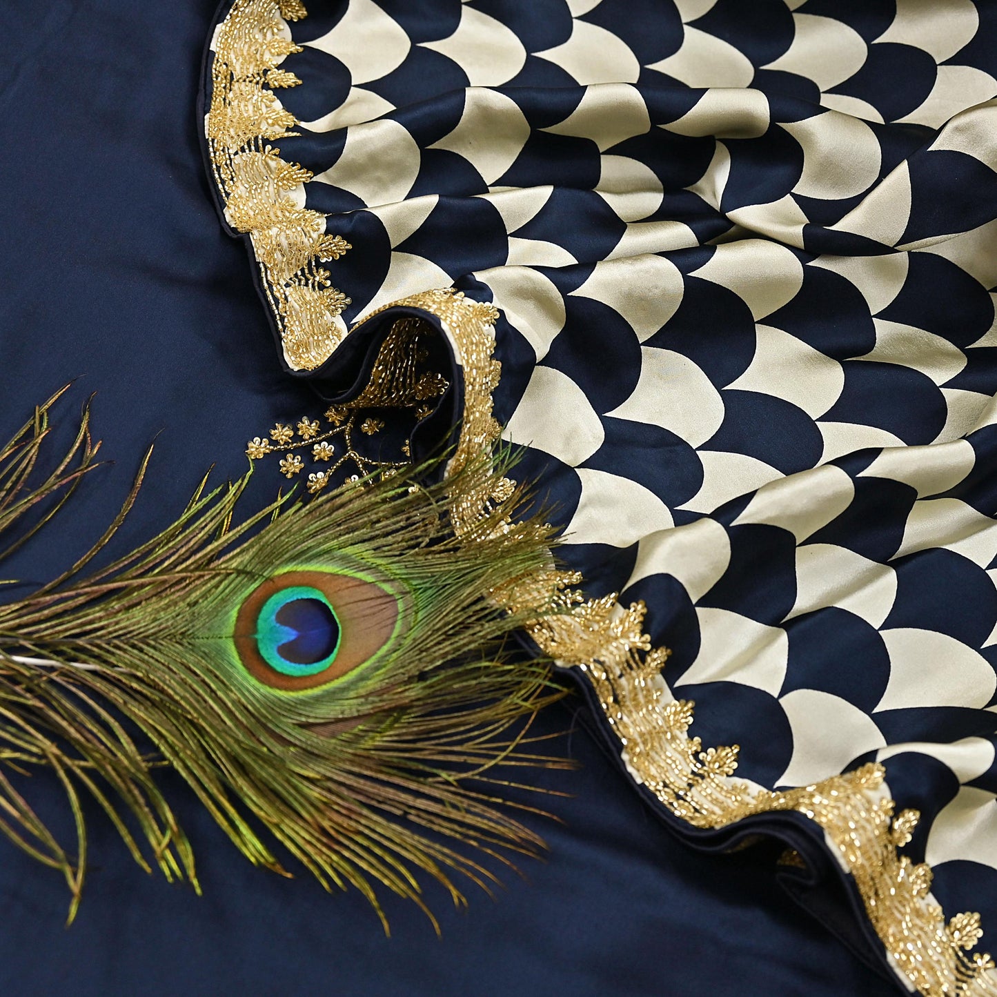 Rare Vintage Blue & Ivory Pure Satin Silk Saree Hand Embroidered Fabric 5.5 Yards Sari Bollywood Party Wear Ethnic Saree