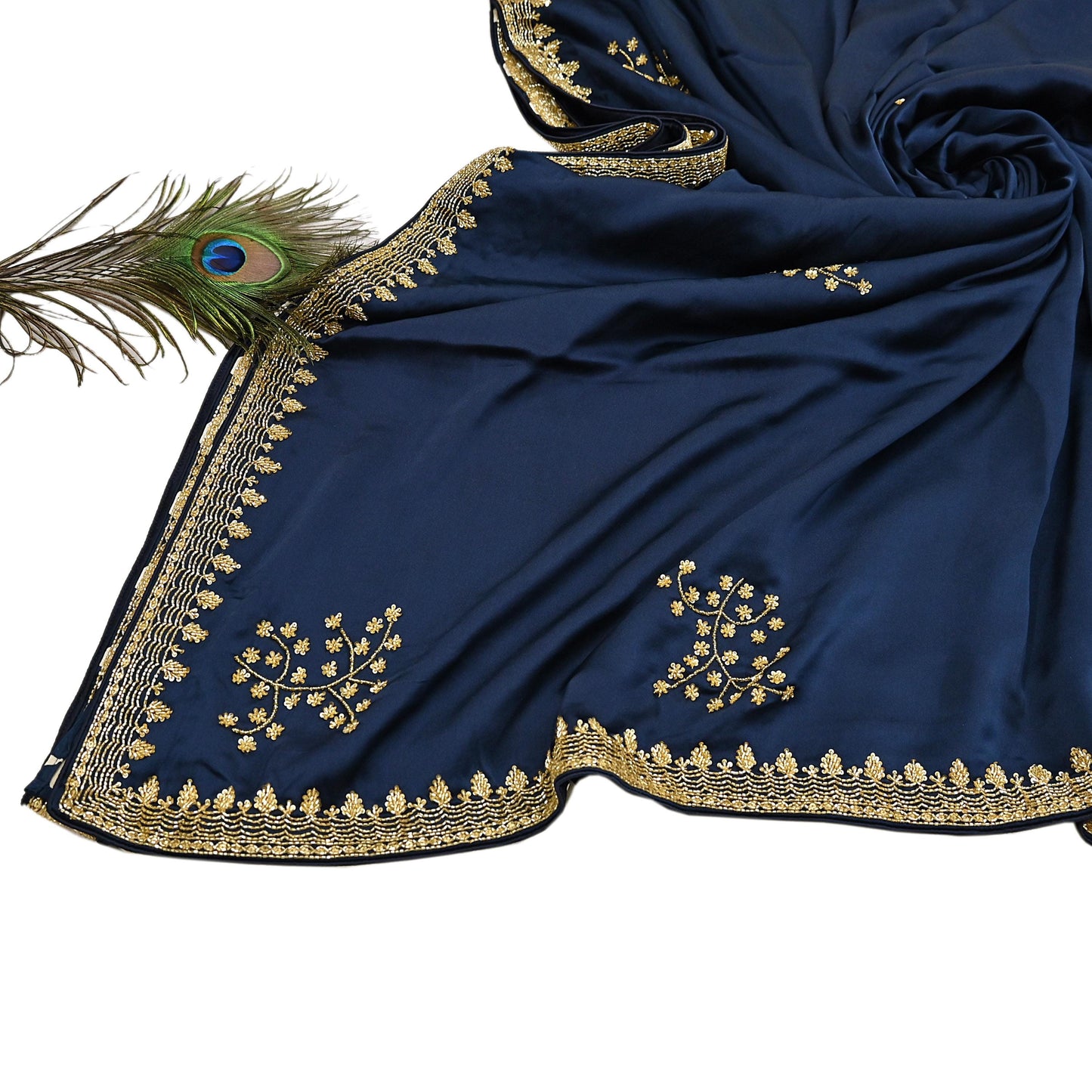 Rare Vintage Blue & Ivory Pure Satin Silk Saree Hand Embroidered Fabric 5.5 Yards Sari Bollywood Party Wear Ethnic Saree