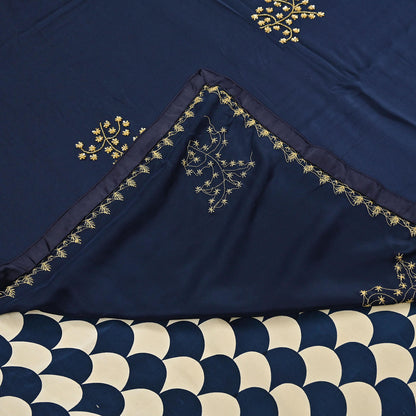 Rare Vintage Blue & Ivory Pure Satin Silk Saree Hand Embroidered Fabric 5.5 Yards Sari Bollywood Party Wear Ethnic Saree