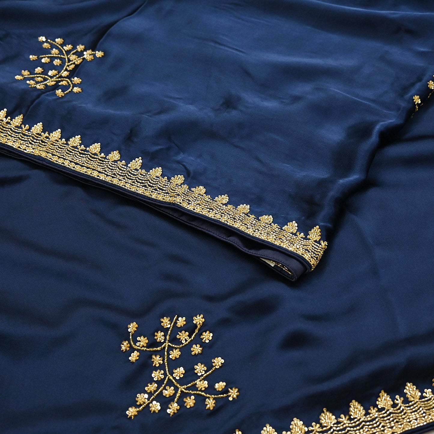 Rare Vintage Blue & Ivory Pure Satin Silk Saree Hand Embroidered Fabric 5.5 Yards Sari Bollywood Party Wear Ethnic Saree