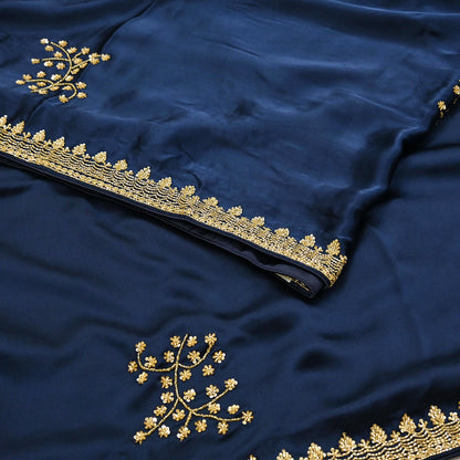 Rare Vintage Blue & Ivory Pure Satin Silk Saree Hand Embroidered Fabric 5.5 Yards Sari Bollywood Party Wear Ethnic Saree