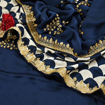 Rare Vintage Blue & Ivory Pure Satin Silk Saree Hand Embroidered Fabric 5.5 Yards Sari Bollywood Party Wear Ethnic Saree