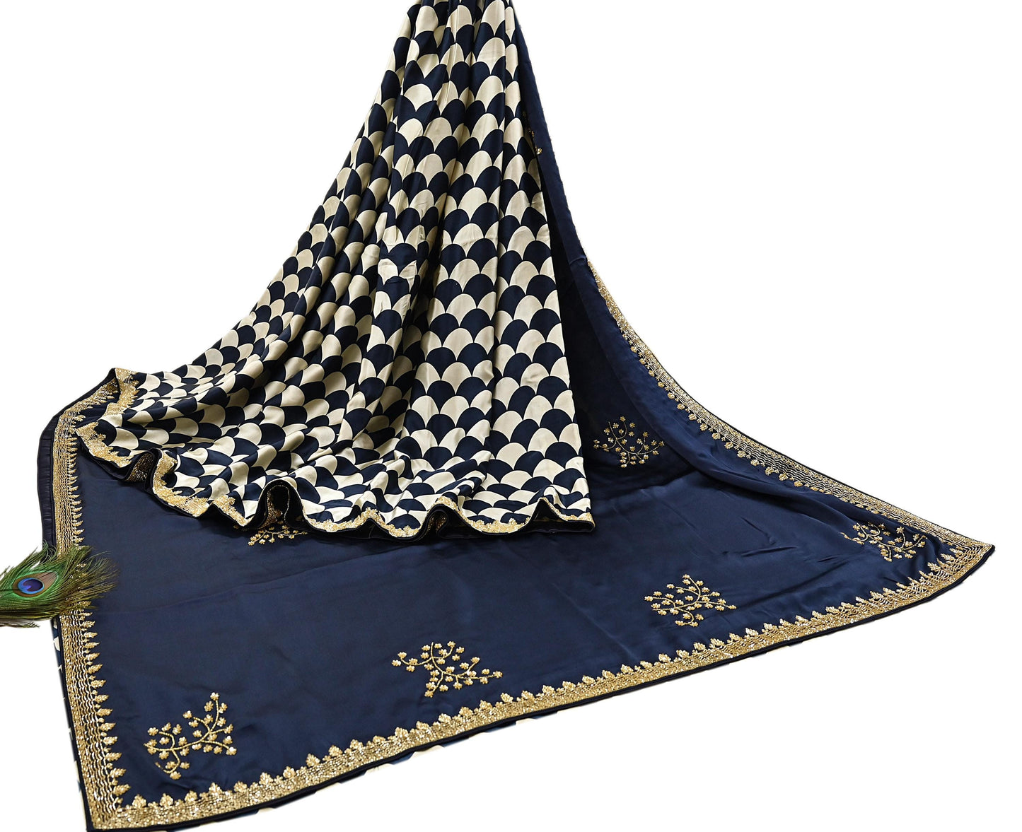 Rare Vintage Blue & Ivory Pure Satin Silk Saree Hand Embroidered Fabric 5.5 Yards Sari Bollywood Party Wear Ethnic Saree