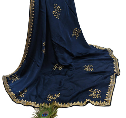 Rare Vintage Blue & Ivory Pure Satin Silk Saree Hand Embroidered Fabric 5.5 Yards Sari Bollywood Party Wear Ethnic Saree