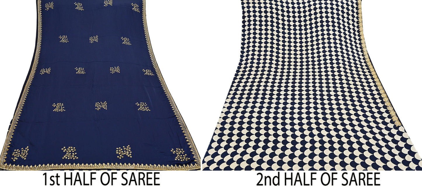 Rare Vintage Blue & Ivory Pure Satin Silk Saree Hand Embroidered Fabric 5.5 Yards Sari Bollywood Party Wear Ethnic Saree