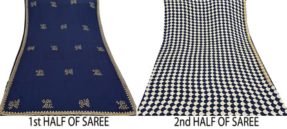 Rare Vintage Blue & Ivory Pure Satin Silk Saree Hand Embroidered Fabric 5.5 Yards Sari Bollywood Party Wear Ethnic Saree