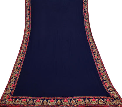 Rare Vintage Blue Pure Georgette Silk Saree Hand Embroidered Designer Abu Jani Sari 5.5 Yard Bollywood Party Wear with Blouse fabric