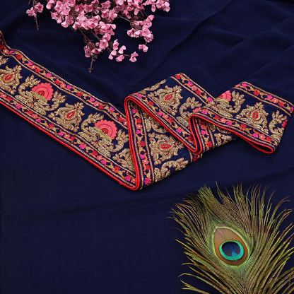 Rare Vintage Blue Pure Georgette Silk Saree Hand Embroidered Designer Abu Jani Sari 5.5 Yard Bollywood Party Wear with Blouse fabric