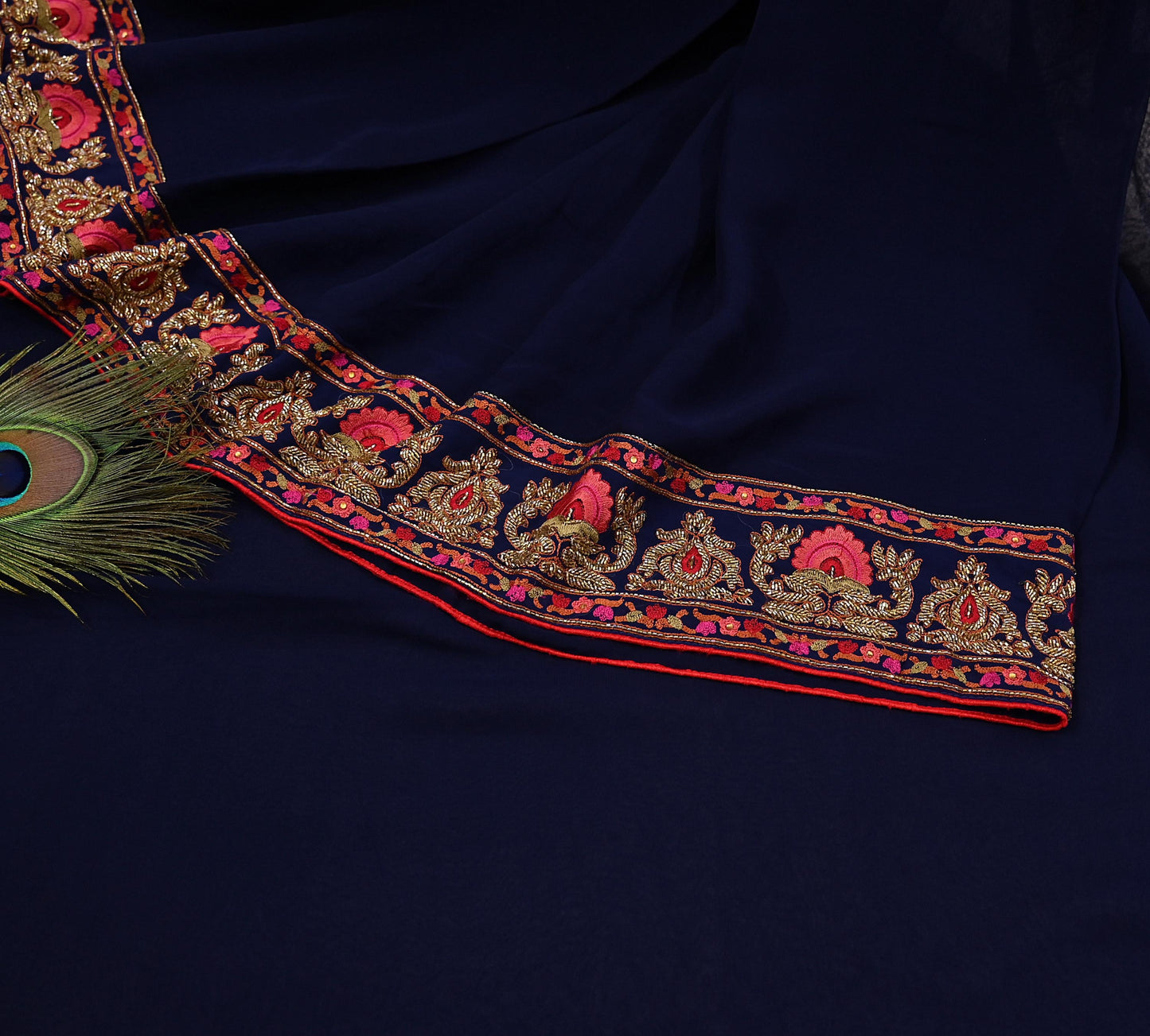 Rare Vintage Blue Pure Georgette Silk Saree Hand Embroidered Designer Abu Jani Sari 5.5 Yard Bollywood Party Wear with Blouse fabric