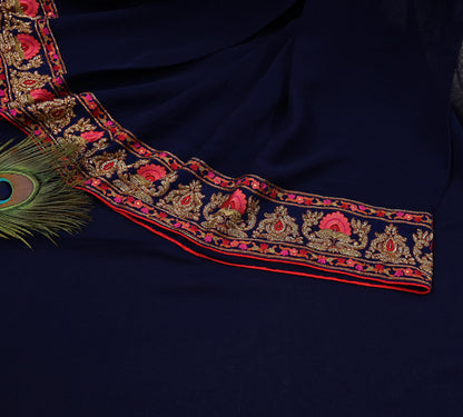 Rare Vintage Blue Pure Georgette Silk Saree Hand Embroidered Designer Abu Jani Sari 5.5 Yard Bollywood Party Wear with Blouse fabric