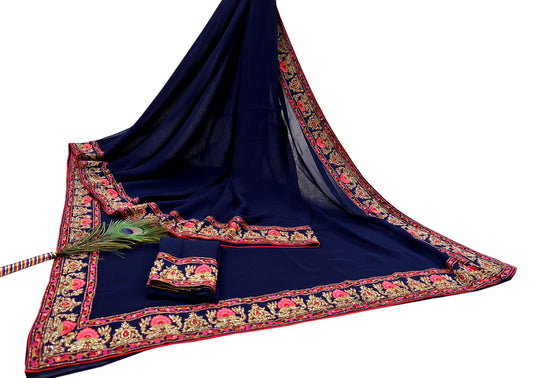 Rare Vintage Blue Pure Georgette Silk Saree Hand Embroidered Designer Abu Jani Sari 5.5 Yard Bollywood Party Wear with Blouse fabric