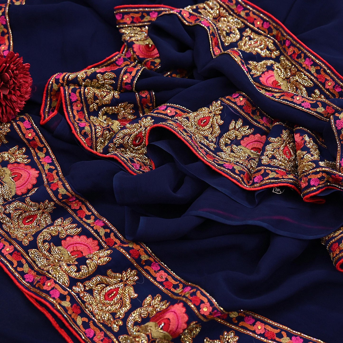 Rare Vintage Blue Pure Georgette Silk Saree Hand Embroidered Designer Abu Jani Sari 5.5 Yard Bollywood Party Wear with Blouse fabric