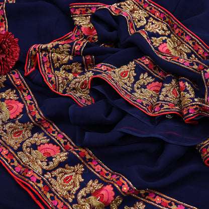 Rare Vintage Blue Pure Georgette Silk Saree Hand Embroidered Designer Abu Jani Sari 5.5 Yard Bollywood Party Wear with Blouse fabric