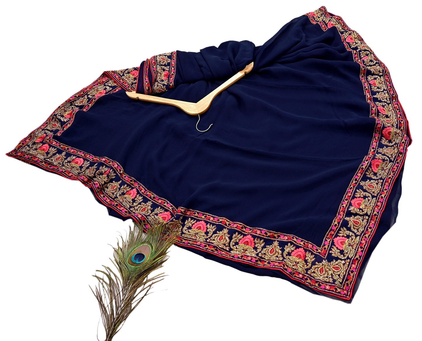 Rare Vintage Blue Pure Georgette Silk Saree Hand Embroidered Designer Abu Jani Sari 5.5 Yard Bollywood Party Wear with Blouse fabric