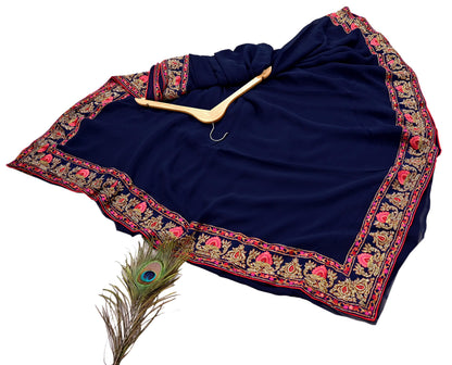 Rare Vintage Blue Pure Georgette Silk Saree Hand Embroidered Designer Abu Jani Sari 5.5 Yard Bollywood Party Wear with Blouse fabric