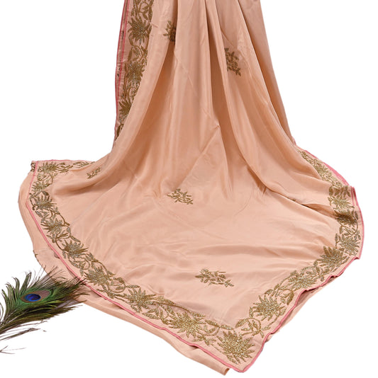 Rare Vintage Peach Pure Silk Saree Hand Embroidered Fabric 5.5 Yards Sari Bollywood Party Wear Ethnic Designer Saree