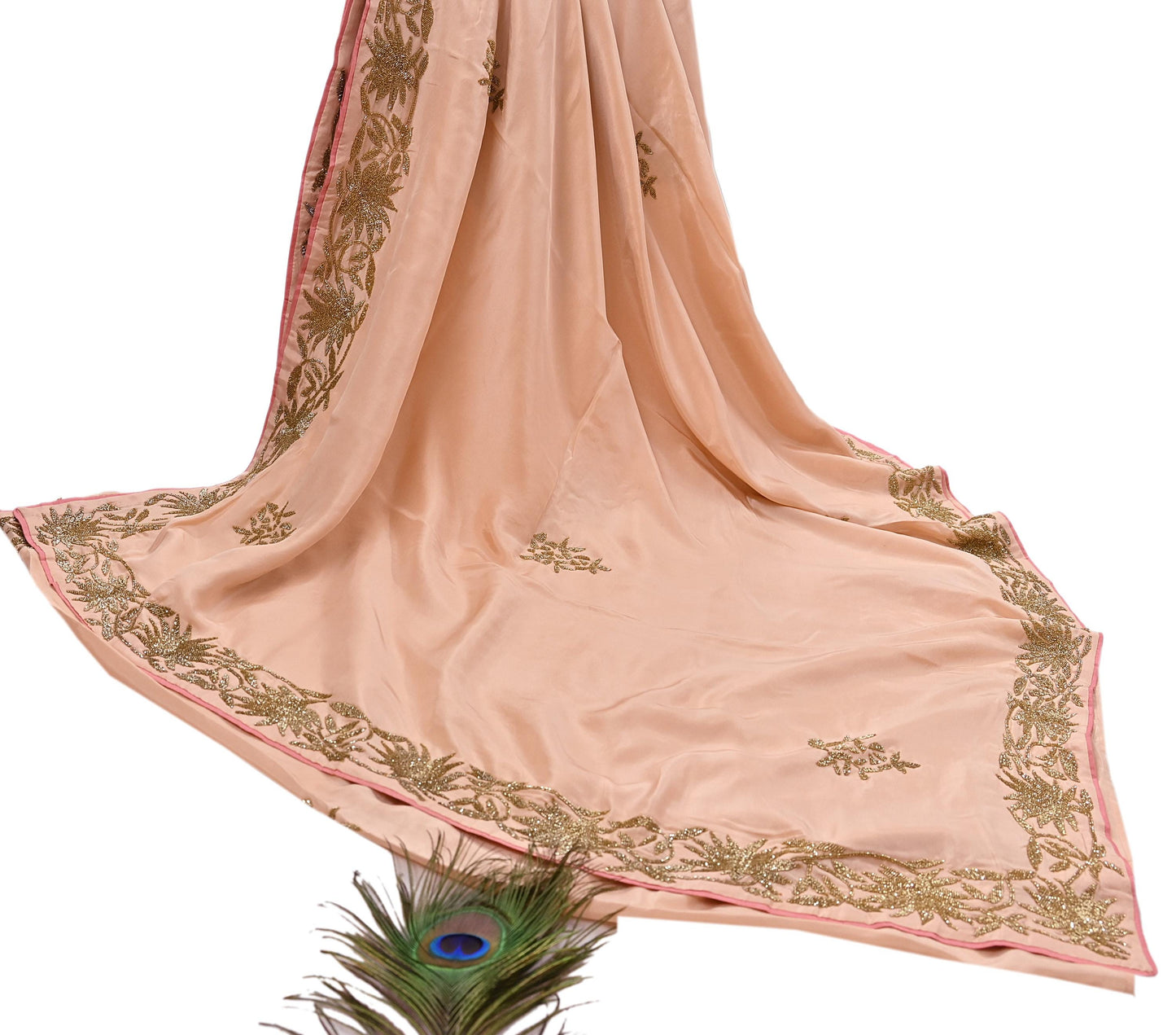 Rare Vintage Peach Pure Silk Saree Hand Embroidered Fabric 5.5 Yards Sari Bollywood Party Wear Ethnic Designer Saree
