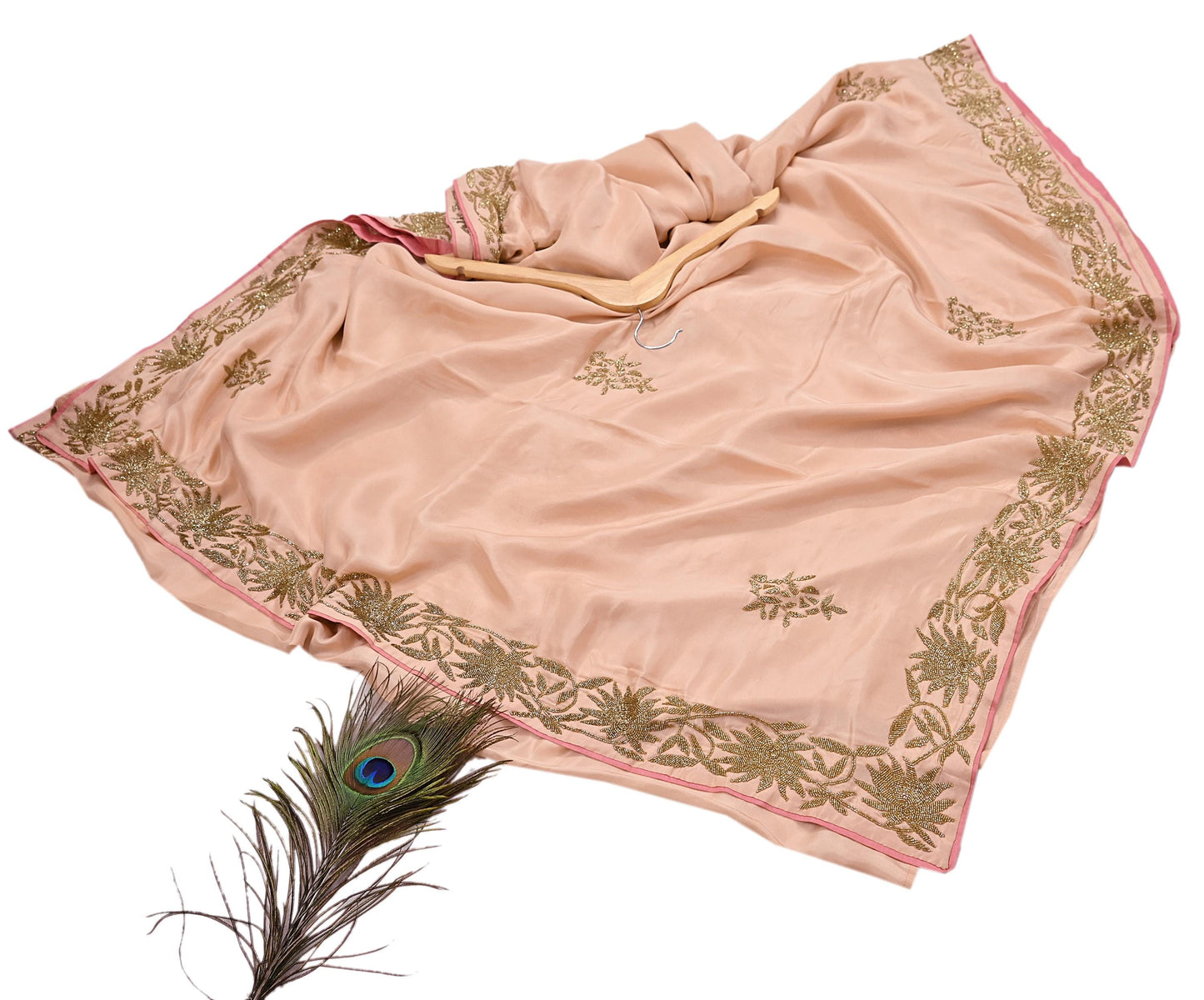 Rare Vintage Peach Pure Silk Saree Hand Embroidered Fabric 5.5 Yards Sari Bollywood Party Wear Ethnic Designer Saree
