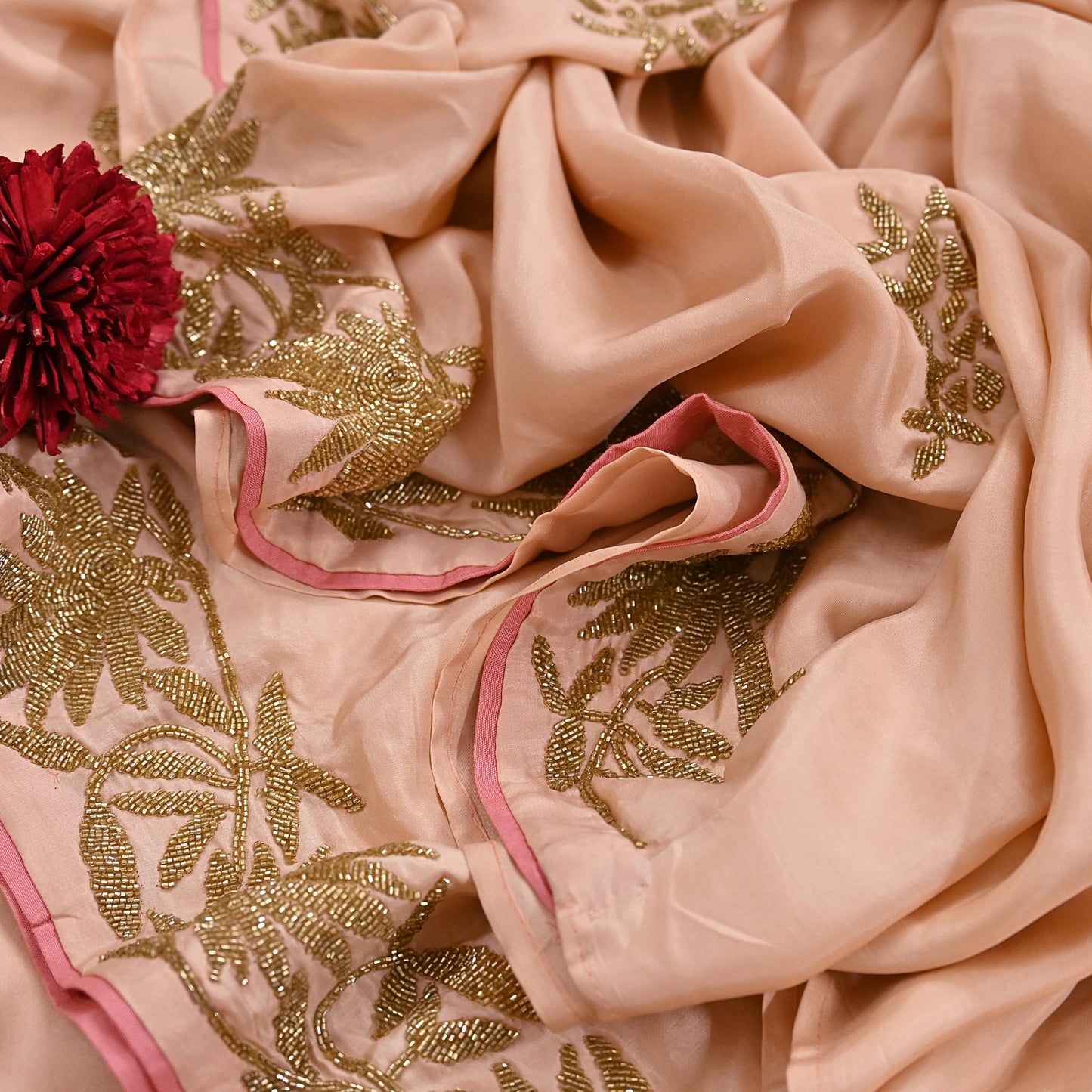 Rare Vintage Peach Pure Silk Saree Hand Embroidered Fabric 5.5 Yards Sari Bollywood Party Wear Ethnic Designer Saree