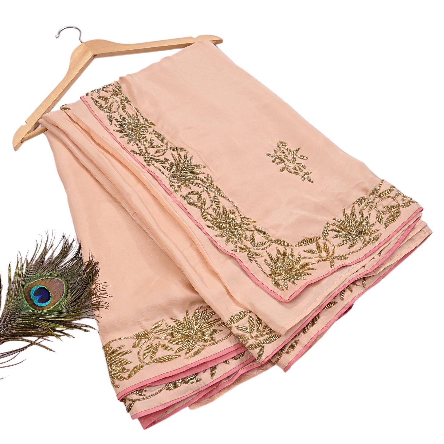 Rare Vintage Peach Pure Silk Saree Hand Embroidered Fabric 5.5 Yards Sari Bollywood Party Wear Ethnic Designer Saree