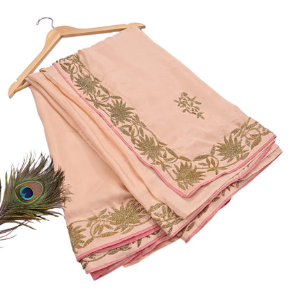 Rare Vintage Peach Pure Silk Saree Hand Embroidered Fabric 5.5 Yards Sari Bollywood Party Wear Ethnic Designer Saree