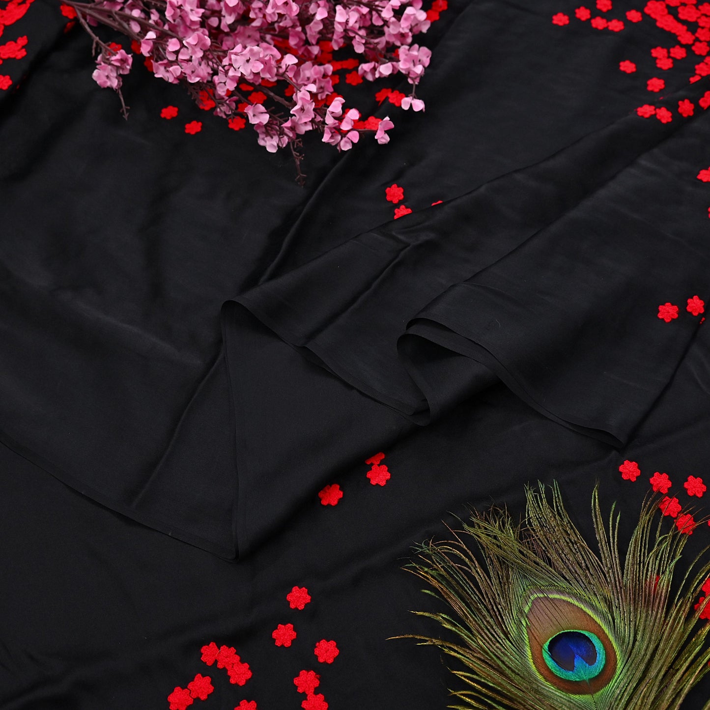 Rare Vintage Black Pure Satin Silk Saree Hand Embroidered Designer Abu Jani Sari 5.5 Yard Bollywood Party Wear with Blouse fabric