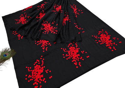 Rare Vintage Black Pure Satin Silk Saree Hand Embroidered Designer Abu Jani Sari 5.5 Yard Bollywood Party Wear with Blouse fabric