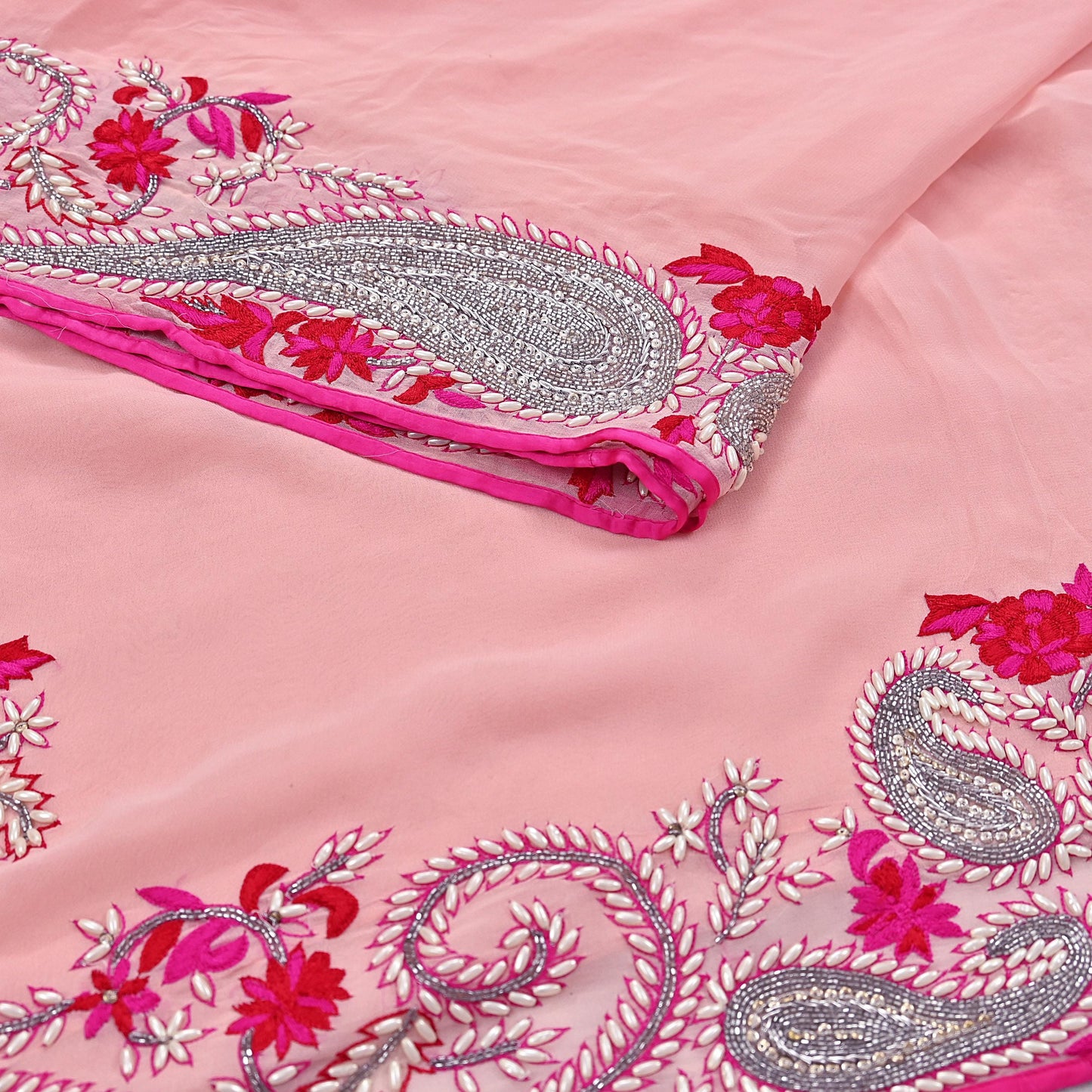 Rare Peach Pure Georgette Silk Saree Zardozi Hand Embroidered Designer Sabyasachi Sari 5.5 Yard Bollywood Party Wear with Blouse Fabric