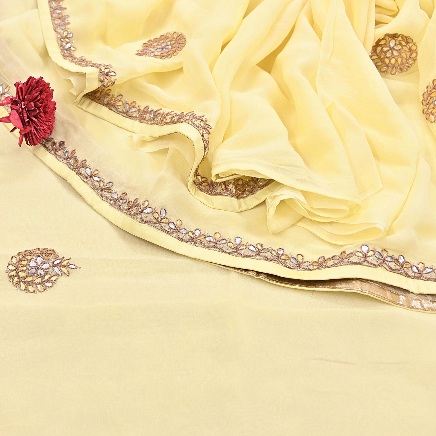 Rare Vintage Yellow Blend Georgette Saree Hand Embroidered Gota Fabric 5 Yard Sari Bollywood Party Wear Ethnic Saree with Blouse Fabric