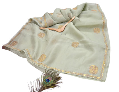 Rare Vintage Green Pure Organza Silk Saree Zardozi Hand Embroidered Designer Sari 6 Yard Bollywood Party Wear