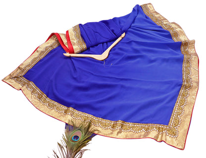 Rare Vintage Shades Of Blue Pure Georgette Silk Saree Hand Embroidered Fabric 5.5 Yards Sari Bollywood Party Wear Ethnic Designer Saree