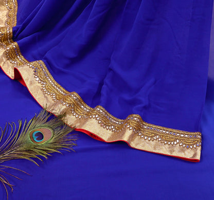 Rare Vintage Shades Of Blue Pure Georgette Silk Saree Hand Embroidered Fabric 5.5 Yards Sari Bollywood Party Wear Ethnic Designer Saree