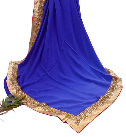 Rare Vintage Shades Of Blue Pure Georgette Silk Saree Hand Embroidered Fabric 5.5 Yards Sari Bollywood Party Wear Ethnic Designer Saree
