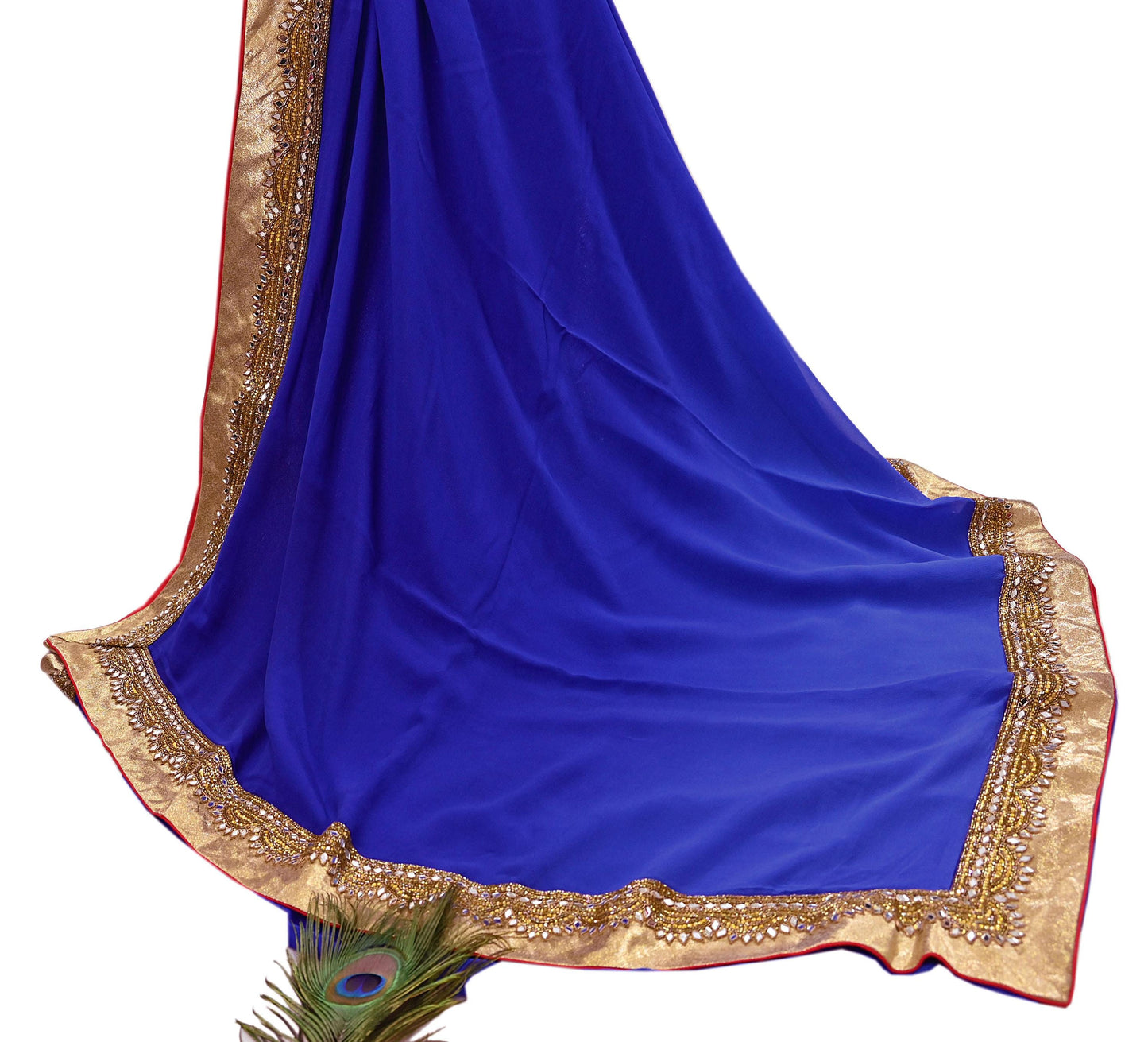 Rare Vintage Shades Of Blue Pure Georgette Silk Saree Hand Embroidered Fabric 5.5 Yards Sari Bollywood Party Wear Ethnic Designer Saree