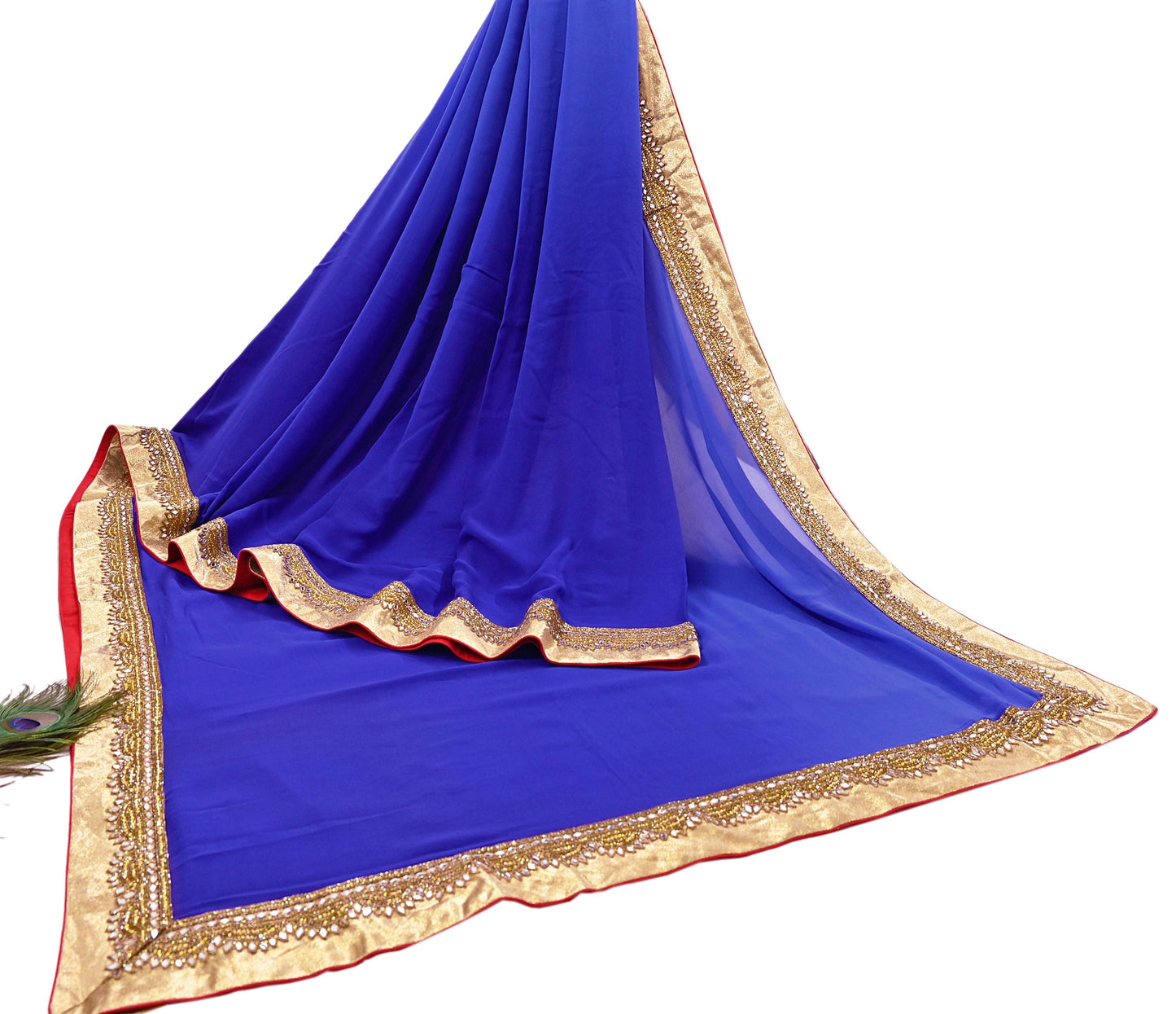 Rare Vintage Shades Of Blue Pure Georgette Silk Saree Hand Embroidered Fabric 5.5 Yards Sari Bollywood Party Wear Ethnic Designer Saree