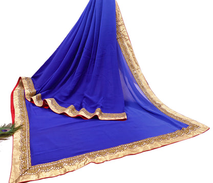 Rare Vintage Shades Of Blue Pure Georgette Silk Saree Hand Embroidered Fabric 5.5 Yards Sari Bollywood Party Wear Ethnic Designer Saree